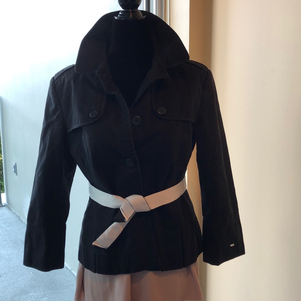 Tommy Hilfiger Black Short Trench Jacket with Light Blue Belt